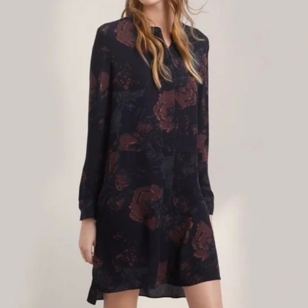 Wilfred "Bossut" Dark Floral, Long-Sleeve, Silk, Shirt Dress, Size XS